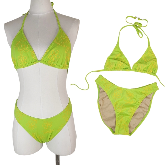 90s Y2K Vintage Neon Green Triangle Floral High Thigh Bikini Swim Suit - Picture 1 of 12